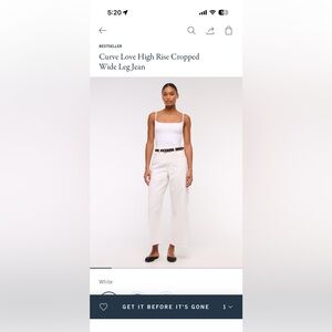 Abercrombie & Fitch Curve Love The Crop Wide Leg High Rise, White, Sz 8s